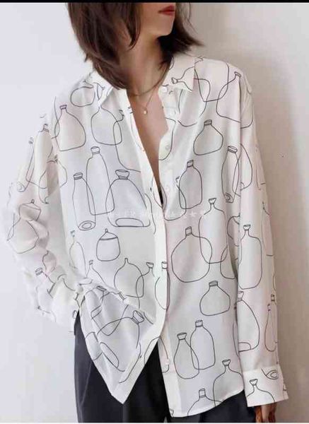 

women's polos artistic vase printed silk shirt spring and summer pole end mulberry long sleeve female, White