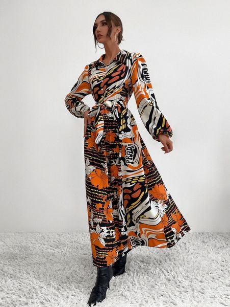 

polka dot & floral print lantern sleeve belted shirt dress c49r#, Black;gray