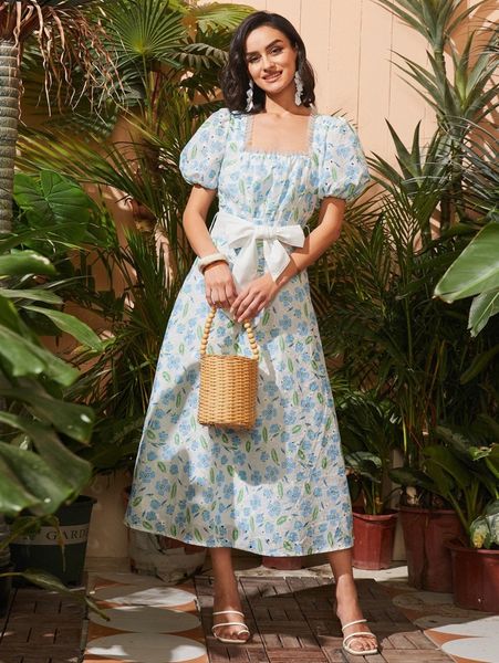 

allover floral print frill trim puff sleeve belted dress c7an#, Black;gray