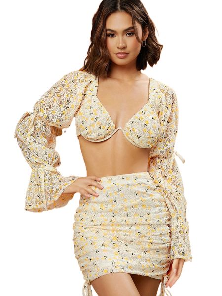 

bell sleeve floral lace crop and ruched mini skirt set z5em#, White