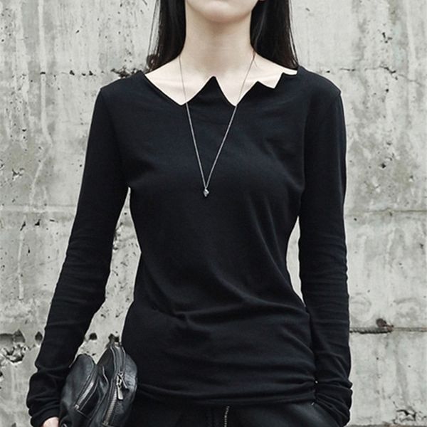 

[eam] women black irreuglar cut personality brief t-shirt round neck long sleeve fashion spring autumn la922 220328, White