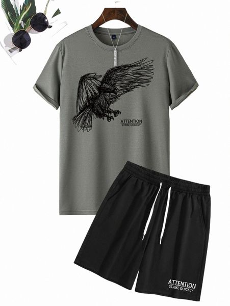 

men letter & eagle print tee & drawstring shorts c4zw#, Gray