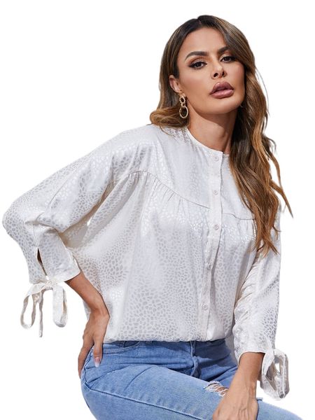 

buttoned front knot cuff allover print blouse t4cp#, White