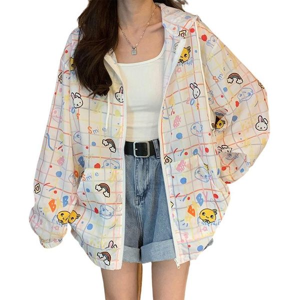 

women's jackets thin hooded sunscreen cyber y2k jacket women's loose leisure cartoon print fashion 2022 summer cute short coat, Black;brown
