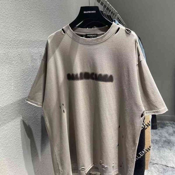 

luxury brand balencias's t shirt original paris spring summer style hole washing fuzzy letters pure cotton short sleeve men's wome, White;black