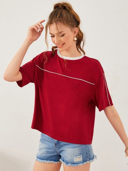 

contrast piping drop shoulder tee f8nk#, White