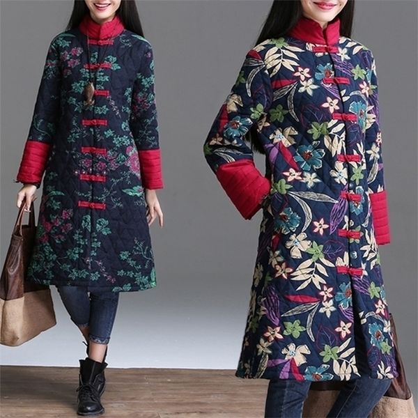 Mulheres florais vermelhas chinesas inverno quente jaqueta longa casaco acolchoado vintage fêmea flor azul inverno parka ladies windbreaker 201127