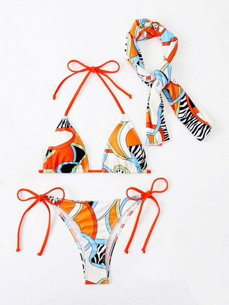 

allover print halter triangle bikini swimsuit with bandana 23ks#, White;black