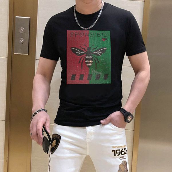 

brand new men t shirt mens rhinestone popular casual cotton s-4xl, White;black
