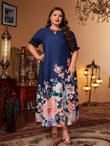 

plus notch neck flounce sleeve floral dress m3jd#, Black