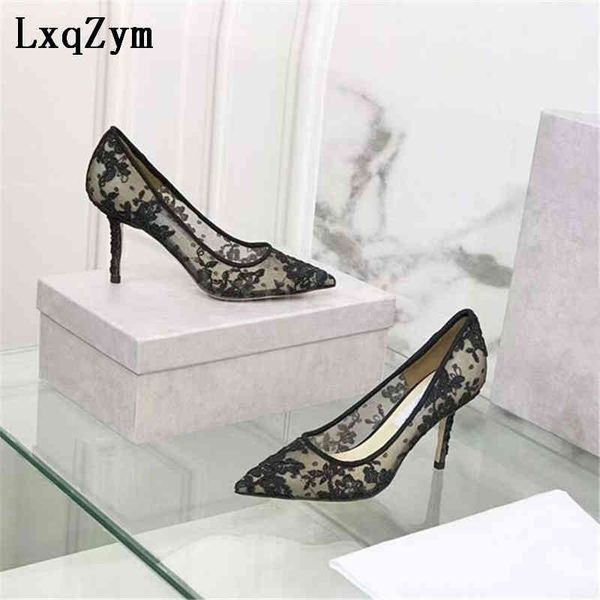 

sandals sweet style women shoes fairy pumps hollow mesh pointed wedding lace embroidery bridesmaid shallow high heels, Black