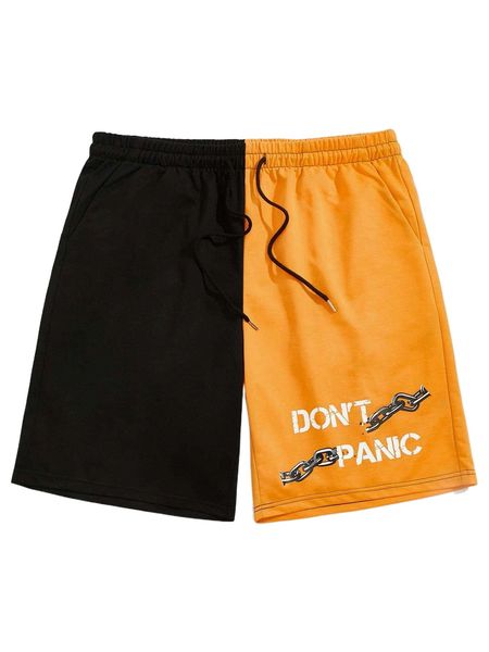 

romwe guys two tone chain & slogan graphic drawstring shorts m5xu#, White;black