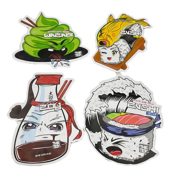 

zushi sushi shape mylar bags 3.5 g gloss die cut plastic packaging bag zip smell proof food grade materials