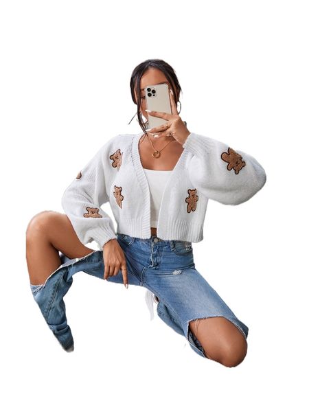 

bear embroidery drop shoulder duster cardigan e79g#, White;black