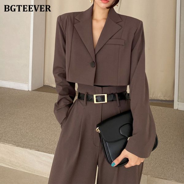 

stylish women blazer set full sleeve single button short blazer high waist suit pants 2021 ladies solid trousers suit, White