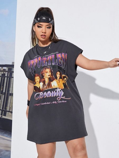 

plus batwing sleeve slogan and figure graphic tee dress i51e#, Black