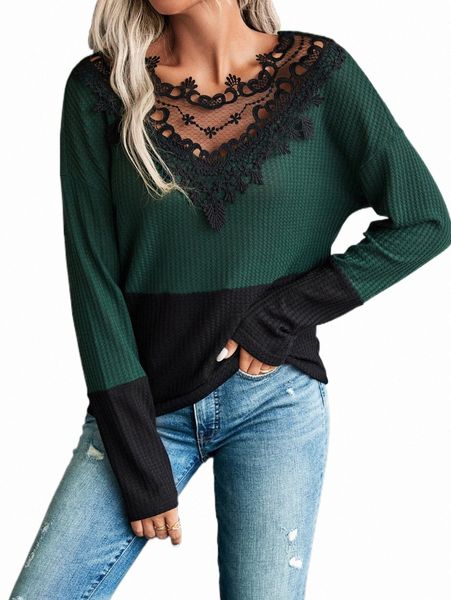 

colorblock contrast lace waffle knit tee 15pi#, White