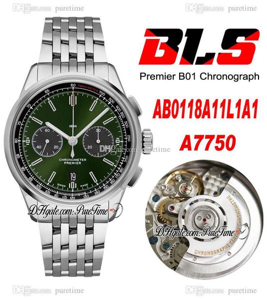

bls premier b01 42mm eta a7750 automatic chronograph mens watch steel green black dial stick stainless steel bracelet ab0118a11l1a1 super ed, Slivery;brown