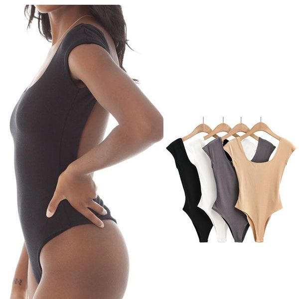 

women backless rompers solid o neck cotton stretchy summer bodysuits sleeveless playsuits chic, Black;white