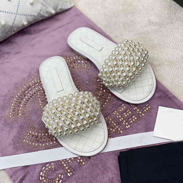 

sandals flat bottom sandals women's summer vacation wear net red pearl beaded flat beach shoes, Black