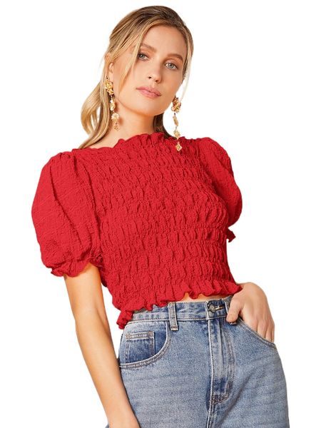 

frill trim shirred ruffle hem puff sleeve s7dj#, White