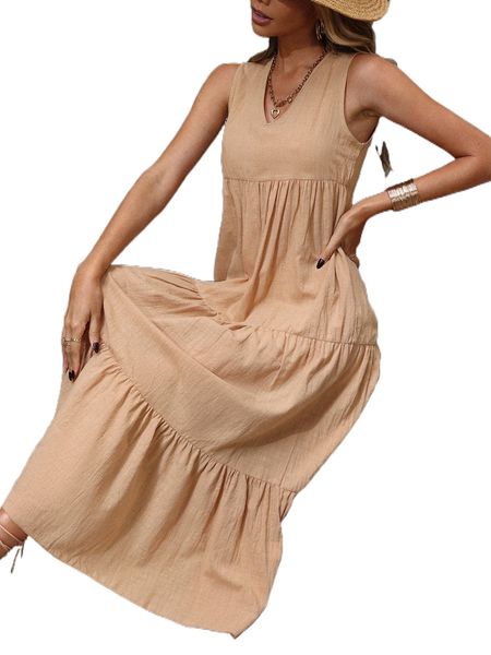 

solid v neck ruffle hem smock dress 7872#, Black;gray