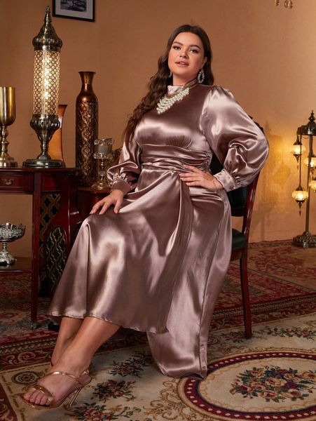 

plus mock neck lantern sleeve tulip hem satin dress h2bj#, Black