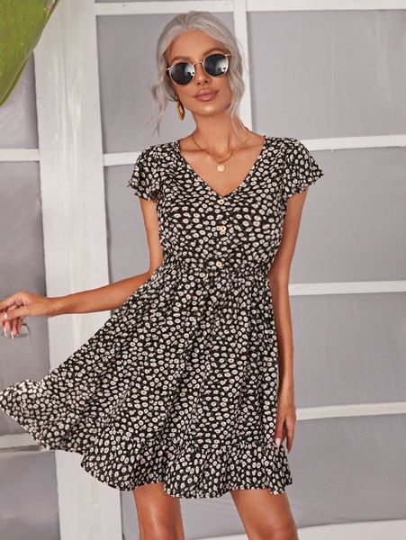 

v-neck ditsy floral dress w11l#, Black;gray