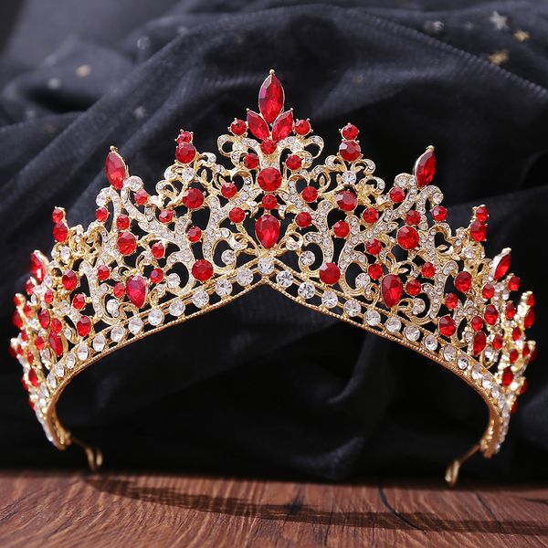 Kırmızı Kristaller Başlıklar Düğün Aksesuarları Barok Taçlar Gümüş Boncuklu Gelin Tiaras Rhinestones Baş Adet Quinceanera Taç