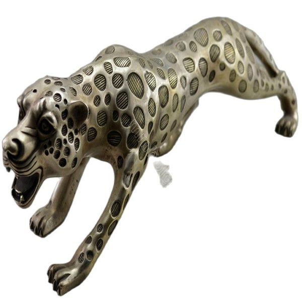 

20 inch collectible decor old handwork silver plate copper carved leopard statue