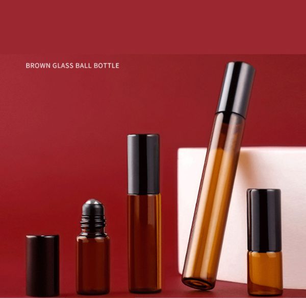 15ml Amber Rollon Glass Bottle Rolo em Fragrância Vazia Perfume Óleos Essential Garrafas Roll-on Preto Cap Plástico Atacado
