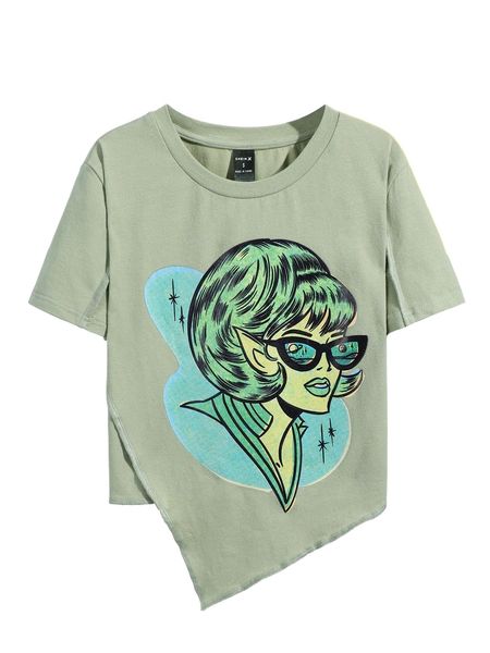 

x bottle cap creative planet & figure graphic asymmetrical hem tee h6zw#, White