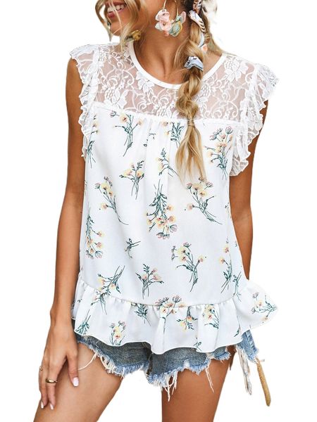 

floral ruffle hem lace yoke blouse 08o0#, White