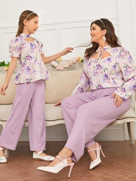 

girls floral print flounce sleeve peplum 1 & 1 pants set she, White