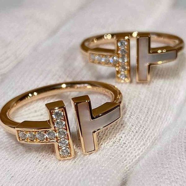 

d9er home double t white fritillaria ring female sterling silver 18k gold rose diamond index finger personality light luxury gift, Golden;silver