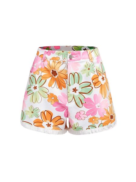 

mod floral print raw hem shorts f2sp#, White;black