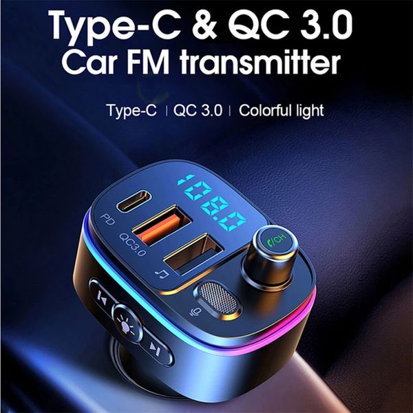 CAR FM FM Compatível com Bluetooth 5.0 HandsFree Mp3 Player PD Tipo C qc3.0 USB Charge rápido Acessórios de luz coloridos T65