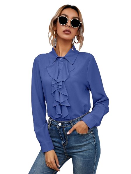 

ruffle trim button up blouse j7hz#, White