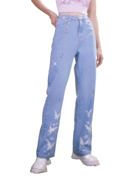 

romwe butterfly print jeans o0wl#, Blue