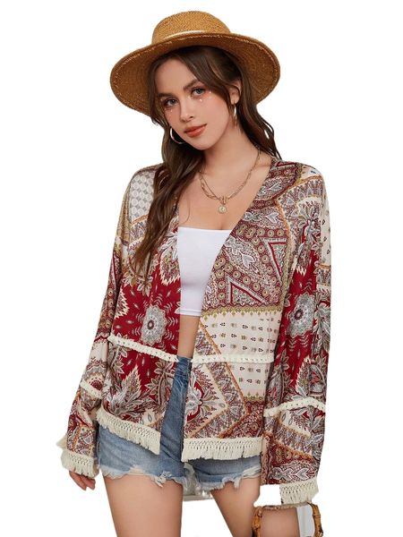

paisley print tassel trim dolman sleeve jacket c3xs#, Black;brown