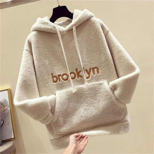 

sweatshirt women winter thick hoodies warm cashmere hoodies solid hooded sweatshirt fleece casual letter hoodies female lj201130, Black