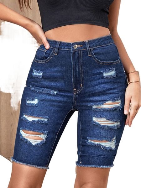 

high waist ripped raw hem denim shorts j7lg#, White;black