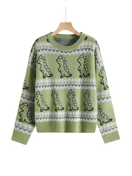 

cartoon dinosaur & geo pattern drop shoulder sweater 95f5#, White;black