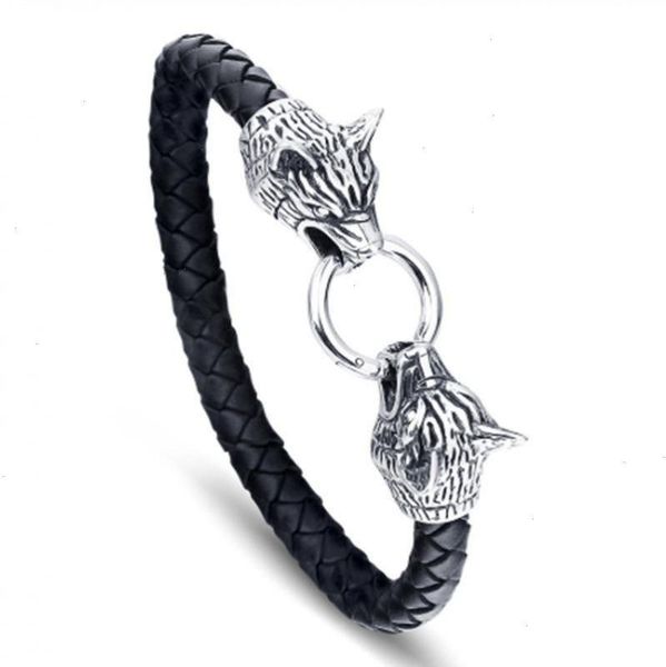 

black leather wrap strands bracelet for men viking metal wolf head bangle fashion