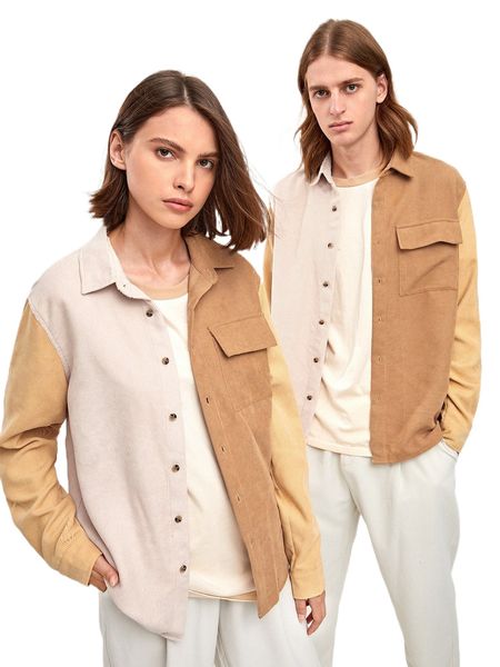 

1pc color block flap pocket corduroy shirt g8yu#, White;black