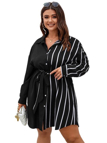 

plus striped button front belted shirt dress m7fd#, Black