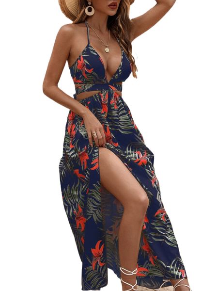 

tropical print backless knot halter neck slit thigh dress y4lh#, Black;gray