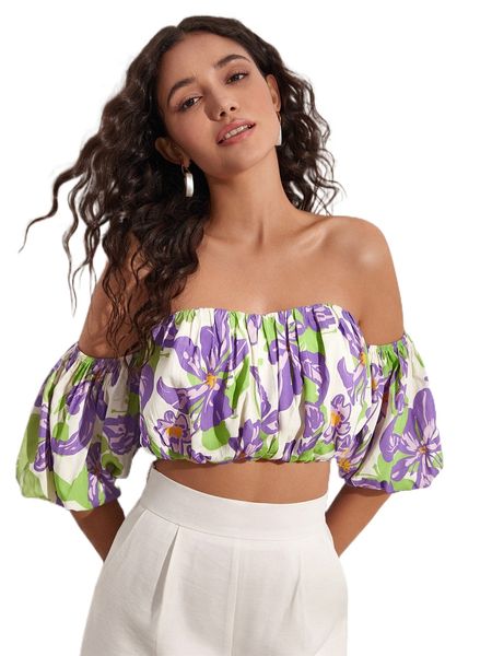 

evolu floral print off shoulder lantern sleeve crop blouse h2op#, White