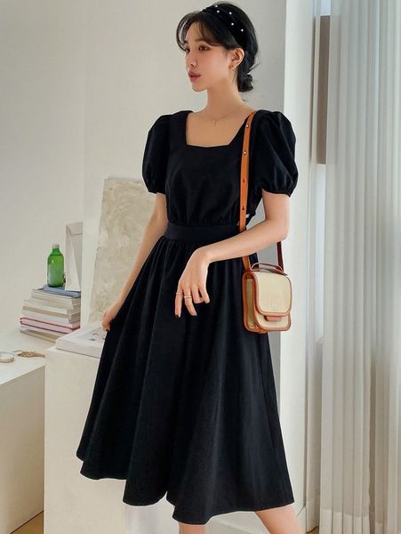 

dazy puff sleeve square neck cut out side belted dress j7tg#, Black;gray