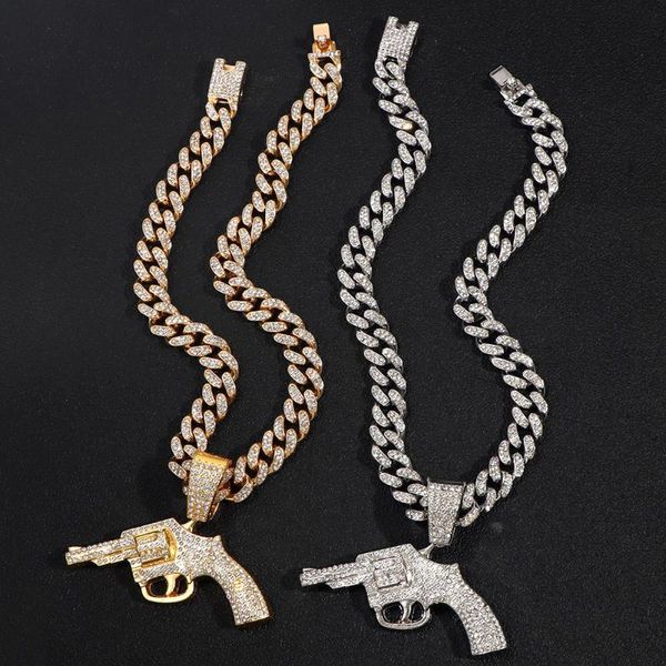 Colares de pingentes de colar de cristal de pistolas de pingente para homens para homens punk bling picada de strass jóias de cadeia de links cubanos